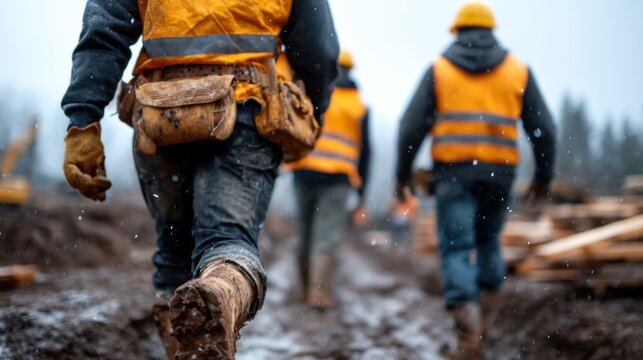 Four construction workers in rain gear walking through a muddy site, showcasing teamwork and dedication in tough conditions while surrounded by lush forest scenery.