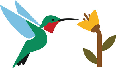 Obraz premium Hummingbird with bright green body sips nectar from a tall yellow flower.