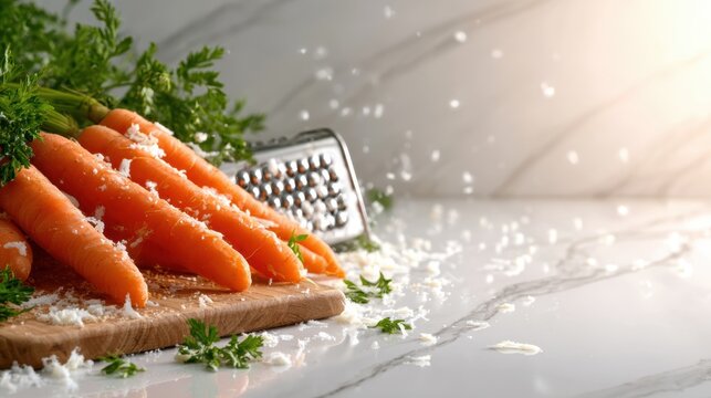 A vibrant still-life image showcasing fresh carrots on a wooden chopping board, ready to be grated, embodying healthy cooking and fresh ingredients in culinary arts.