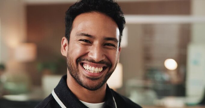 Face, laugh and business man in office, smile and creative content writer with pride for career. Portrait, funny and professional copywriter in startup, about us and happy employee in company