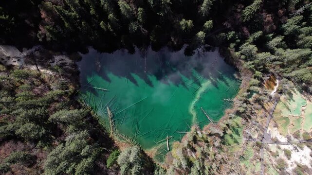 Drone view of Shenxianchi Scenic Area in Sichuan, China, near Jiuzhaigou and Huanglong, peaceful and clean water in pond among mountains, 4k real time footage travel concept.