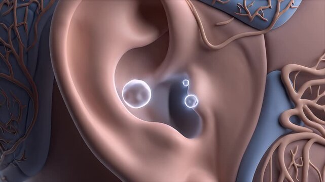 Detailed 3D Animation of the Human Ear Anatomy and Auditory Canal Showing Sound Vibrations and Inner Ear Structures with Blood Vessels in Soft Lighting for Medical Education