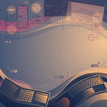 Abstract User Interface and Digital Workplace Testing Background With Wireframes and Keyboards