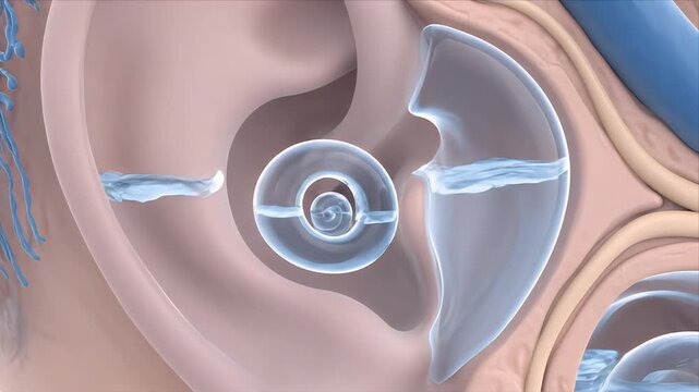 Detailed 3D Animation of the Inner Ear Anatomy Showing Cochlea and Auditory Canal with Translucent Fluid Dynamics for Medical Education and Healthcare Awareness