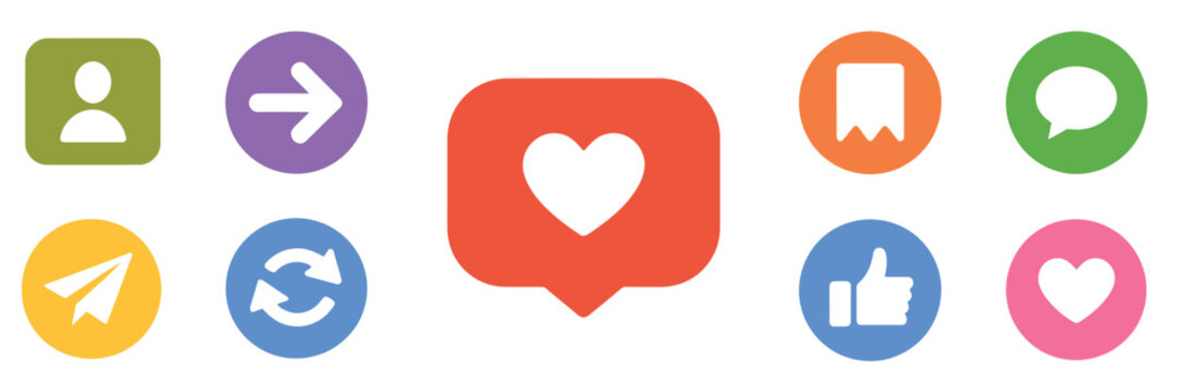 Like, love, heart, thumb up, repost, comment, share, save, and stories user button icons, designed as a vector set of social media reactions, notifications, and interactive interface elements.
