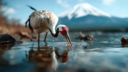 Fototapeta premium A serene scene shows a graceful crane standing by the water's edge, highlighting nature's beauty with a majestic mountain backdrop, capturing stillness and tranquility.