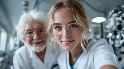 Fototapeta premium A young nurse poses with a smile alongside an elderly patient, capturing the essence of care, compassion, and the bond between generations in a healthcare setting.
