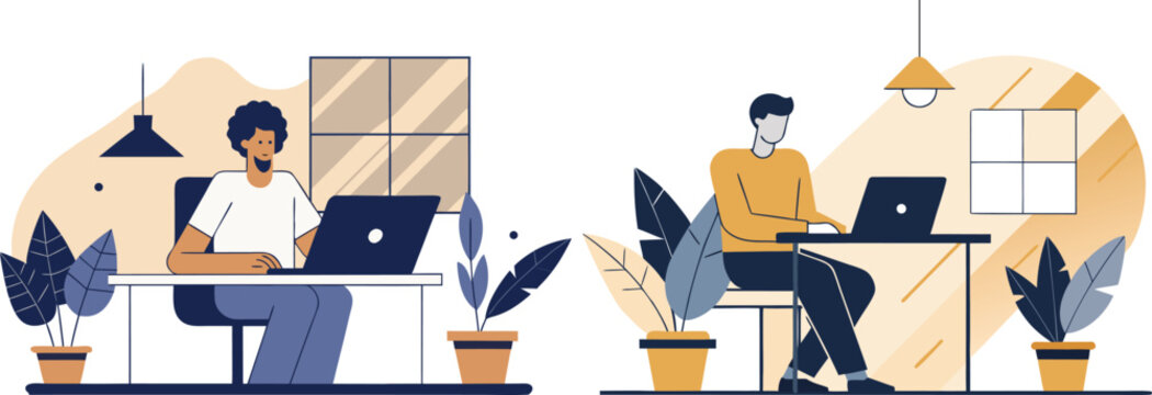 Working from home vector illustration showing diverse freelancers using laptops at desks