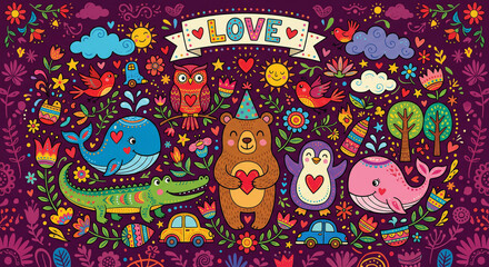 A whimsical illustration featuring a bear holding a heart, surrounded by various cute animals like a whale, penguin, owl, crocodile, and birds in a colorful, 