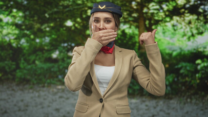 Woman flight attendant in beige blazer and navy cap with red neck scarf, hand covering mouth and...