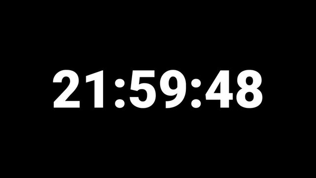 24 Hour Digital Countdown Timer From 24:00:00 To 00:00:00 Fast Time Lapse Clock Animation, Day Timer Countdown Display. 24 hours countdown timer in one minute, One day countdown timer in 60 seconds.