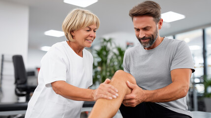 Fototapeta premium Female physiotherapist examining smiling male patient knee joint during rehabilitation session, professional physical therapy treatment, injury recovery in modern clinic.