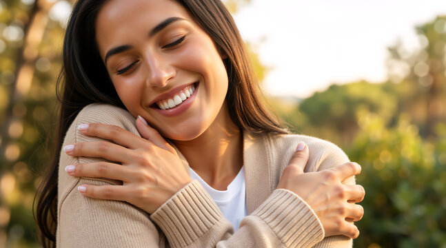 Happy woman hugging herself with eyes closed outdoors. Portrait of a smiling female embracing herself for self love and care concept. Golden hour lighting