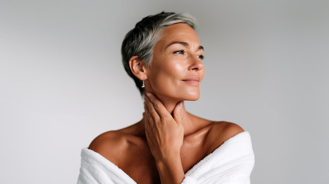 Elegant silver-haired mature woman in white bathrobe touching glowing neck, confident upward gaze, natural aging beauty standard, unretouched skincare wellness routine.