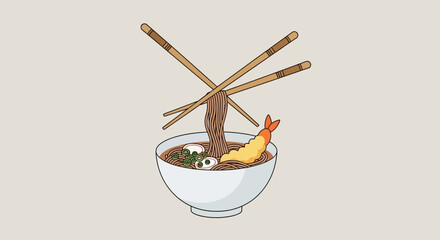 Japanese Noodle Soup with Shrimp Tempura and Chopsticks