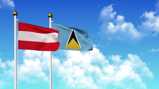 Waving flags of AUSTRIA and SAINT LUCIA on pole included with alpha