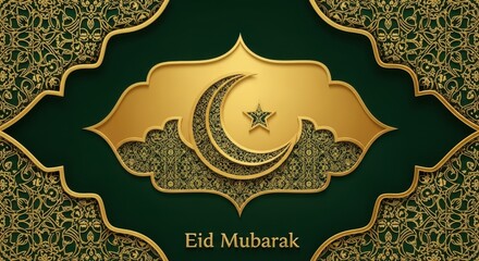 Eid mubarak greeting card with gold crescent moon star and green islamic pattern background
