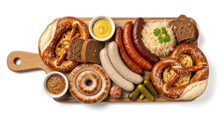 Traditional bavarian feast with pretzels, sausages, mustard, and sauerkraut on wooden board