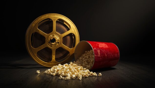 Golden Film Reel and Popcorn Under Spotlight