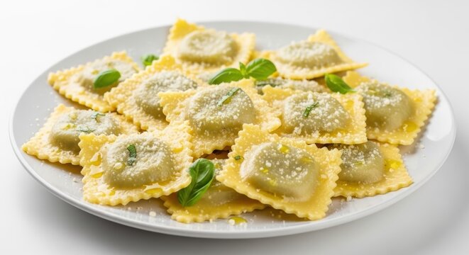 Plate of fresh spinach ricotta ravioli garnished with basil and parmesan