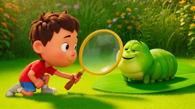 Animated boy examining cartoon caterpillar with magnifying glass in a lush garden setting