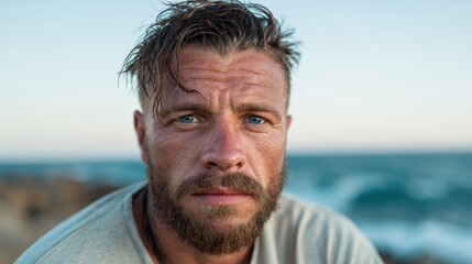 A rugged man stares intensely into the distance by the ocean, capturing a moment of contemplation and strength against the backdrop of rolling waves and a serene sky.