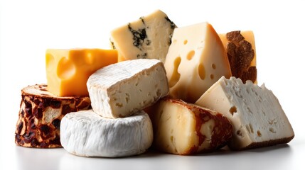 An artistic presentation of various cheese types, stacked and arranged on a white background, highlighting textures, shapes, and colors, perfect for gourmet and culinary themes.