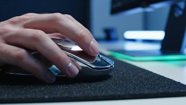 Hand using a shiny metallic computer mouse on a textured black mousepad in a modern workspace environment