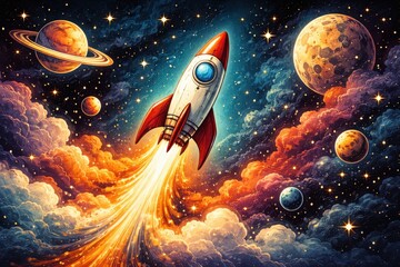 Naklejka premium Cartoon rocket flying through vibrant outer space with planets, stars, and colorful clouds