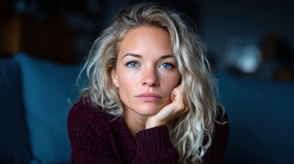Fototapeta premium A young woman with striking blue eyes and tousled blonde hair reflects on her thoughts, radiating a sense of calmness and introspection in a cozy indoor setting.