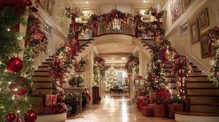 Fototapeta premium Festively Decorated Grand Staircase with Holiday Cheerful Ambiance