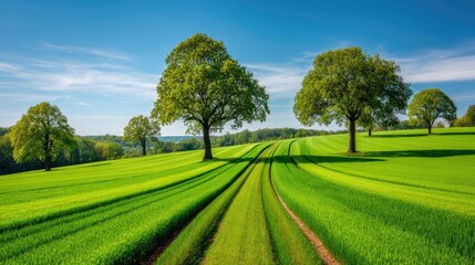 Obraz premium Lush Green Field with Trees and Blue Sky Under Bright Sunlight