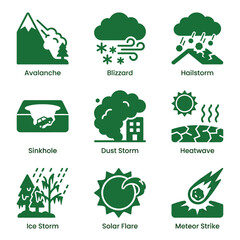 Natural Disaster and Extreme Weather Conditions Green Flat Vector Icon Set © Rosie Lee