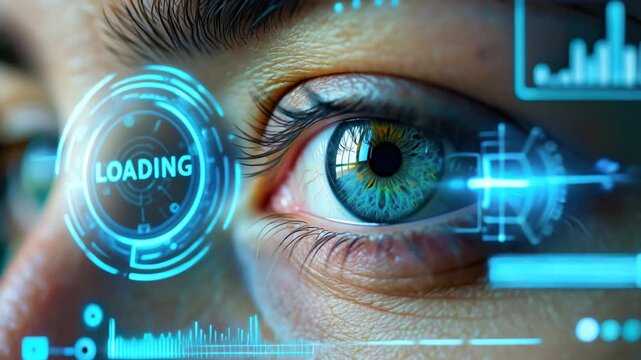 Close-up of a highly detailed blue eye with a glowing blue holographic HUD, rotating LOADING ring and flickering data charts, eye movement and cinematic sci-fi lighting conveying intense focus
