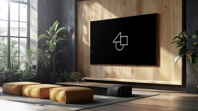 Home Wooden Interior TV Mockup 2 &ndash; Modern Living Room Television Screen Display, Cozy Wood Texture Design, Realistic Smart TV Branding Presentation Template
