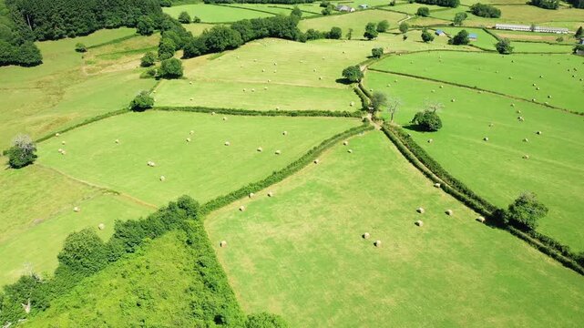 Drone shot of lush green farmland with hay bales and hedgerows in the Morvan countryside, France. Rolling rural landscape under bright summer sunlight.