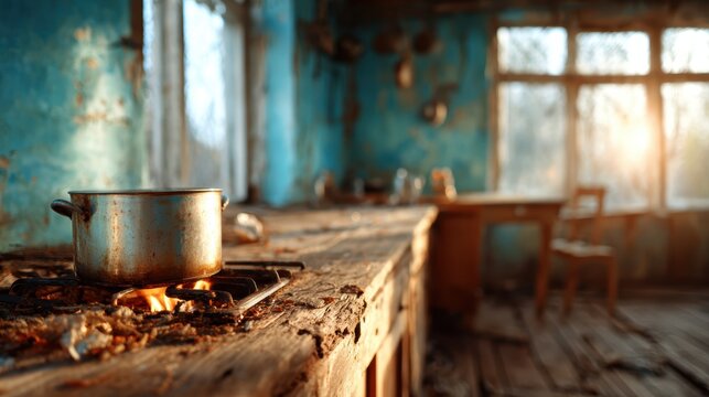 An abandoned kitchen scene featuring a rusty pot over a flame, showcasing decay and neglect while invoking feelings of nostalgia and the passage of time in forgotten spaces.