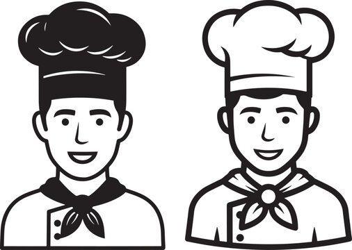 Smiling Male Chef Character Icons in Toque Hat and Uniform - Simple Black and White Outline Vector Illustration for Food Service and Culinary Business