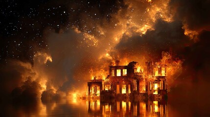 Obraz premium Dramatic Blaze Consuming Abandoned Structure Against Starry Sky