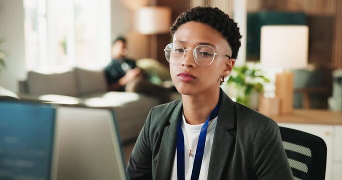Programmer, glasses and woman with computer, office and plan for project, thinking and data analysis. Employee, online and person with eyewear for web development, programming and problem solving