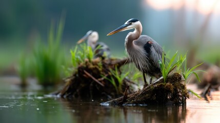 Fototapeta premium Two herons poised gracefully on a mossy outcrop, surrounded by lush greenery, capturing a serene moment in nature's early morning light reflected in still waters.