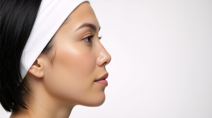 Fototapeta premium Profile view of young woman with clean fresh skin and white headband. Natural cosmetics and skincare concept isolated on white background