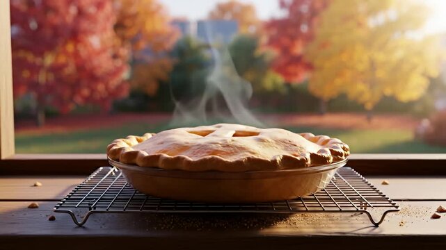 Hot Apple Pie Cooling on a Rack by a Window with Autumn Trees.
