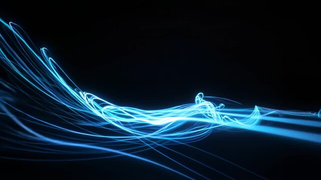 Blue cyan glowing light trails weave across a dark background, flowing like water as the camera glides forward and pans, creating immersive depth.