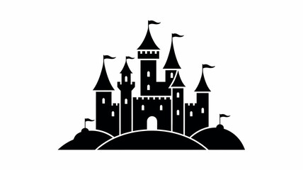 Fairytale Castle Silhouette Vector featuring a classic black silhouette with soaring towers, turrets, and a waving flag, perfect for children’s book covers, theme park branding, and fantasy-themed eve © HeLLo WorLd