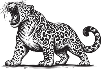 Roaring Tribal Leopard – Black and White Linocut Style Big Cat Vector Illustration © Sharif54