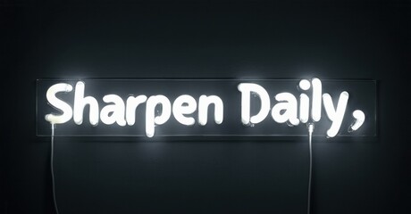 Obraz premium Neon sign displays text Sharpen Daily, . Dark background emphasizes bright white illumination. Simple, motivational message presented visually.