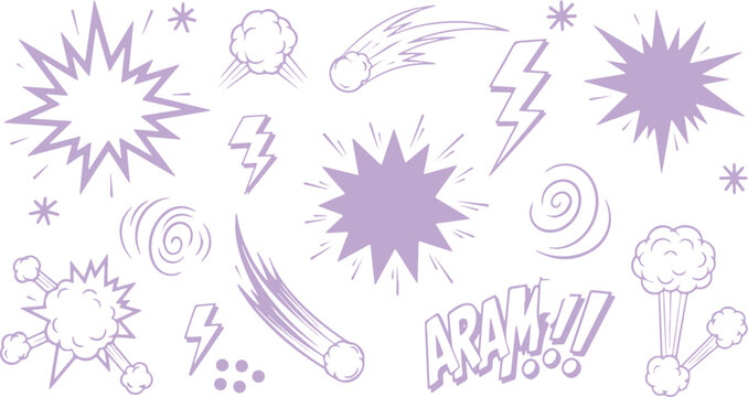 Purple comic book explosion elements and sound effects. ARAM, Booms, Zap, Swirls. Hand-drawn doodles for graphic design.
