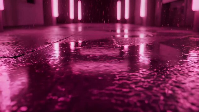 Melancholic Ambiance in the Crimson Rain: A vivid portrayal of rain cascading upon a rain-soaked surface, mirroring a row of modern lights in a mesmerizing ambiance.