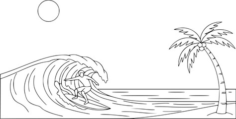 Minimalist Surf and Tropical Beach Line Art - Surfer, Palm Tree and Wave Summer Vector